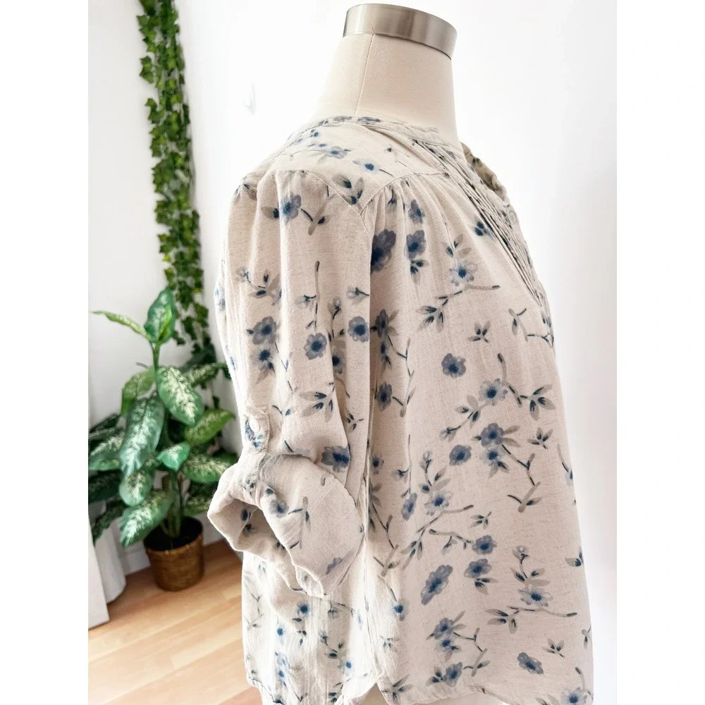 Vermont‎ Country Store Blouse Beige Blue Floral Linen Blend Pleated Plus 1X - Picture 5 of 6
